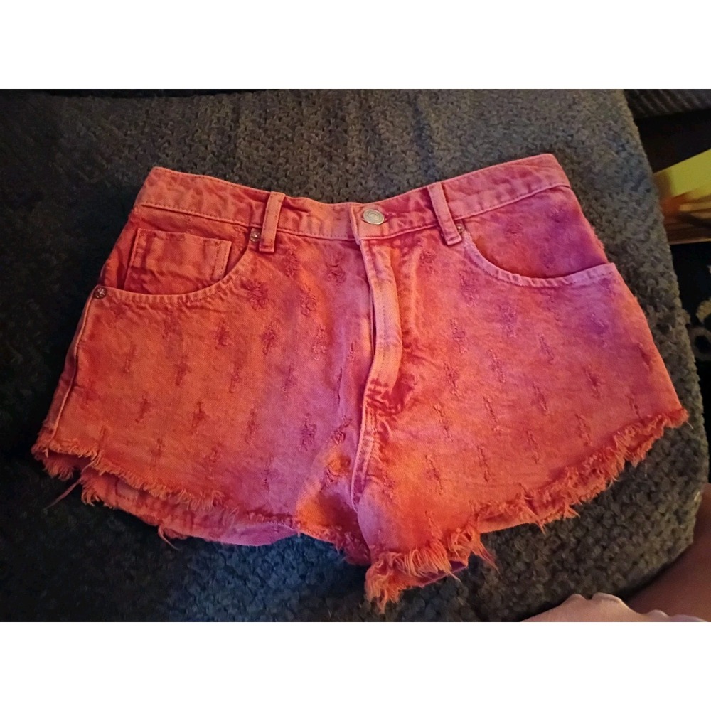 GU We The Free Mixed Emotions High Rise Distressed Pink Denim Mini Shorts Sz 25